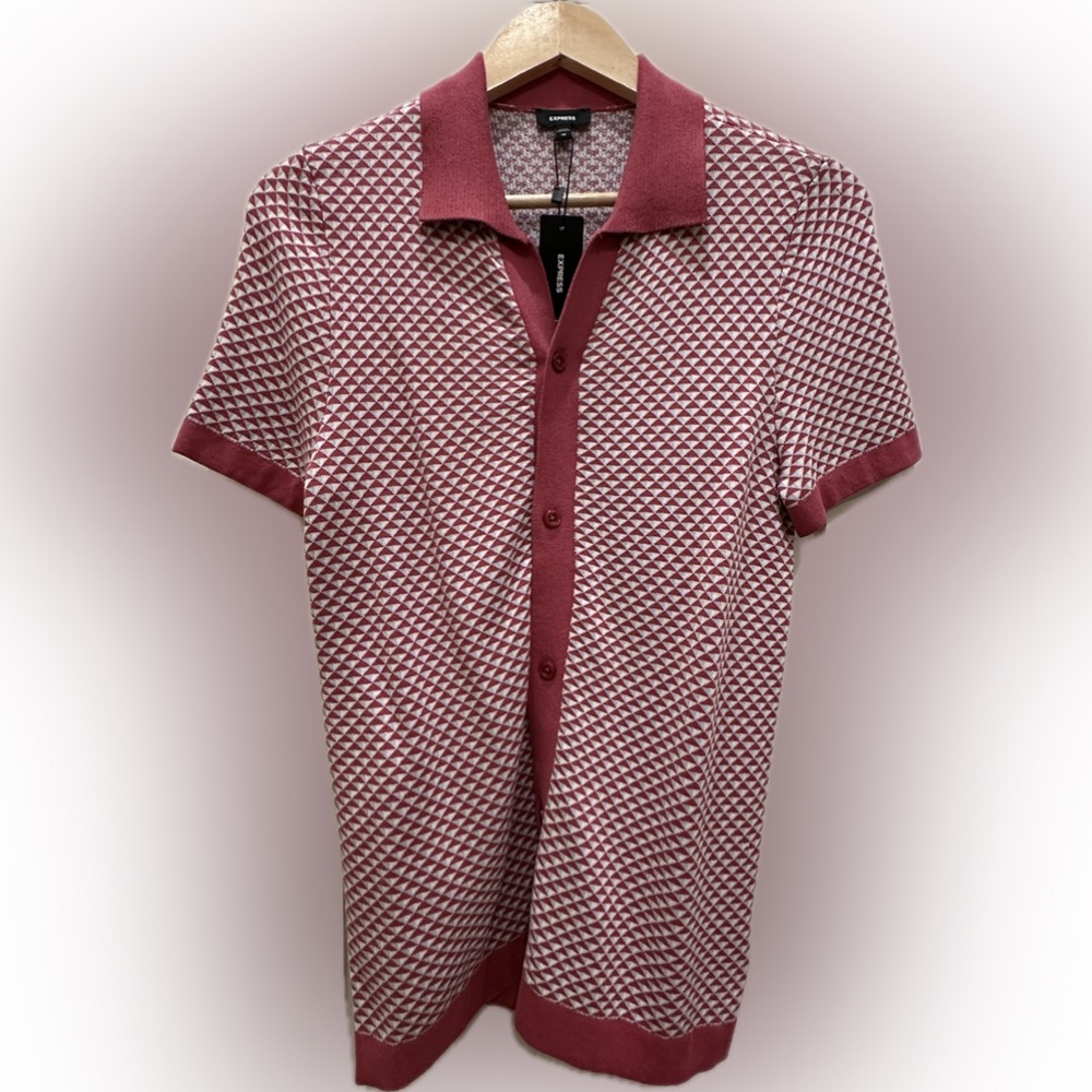 NWT Express Men’s Geometric Print Knit Button Up Polo Top Size XS Preppy